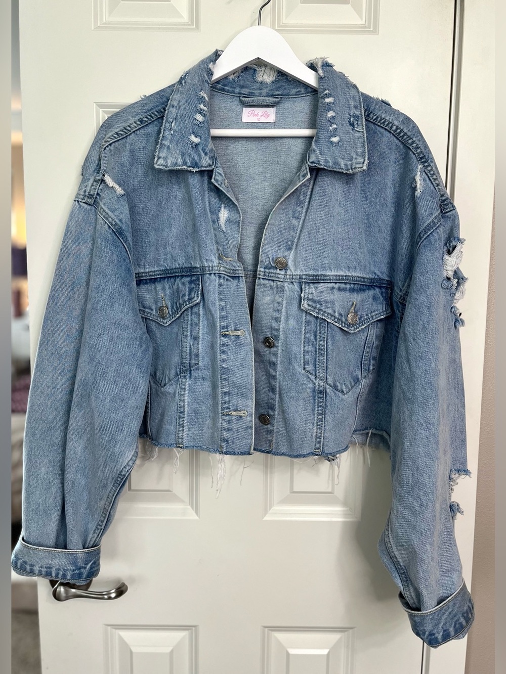 Pink Lily Cropped Distressed Denim Jacket NWOT